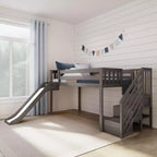 Lit mezzanine jumeau pour enfants avec toboggan et escalier, bois massif, garde-corps de 35,5 cm, capacité de 181 kg