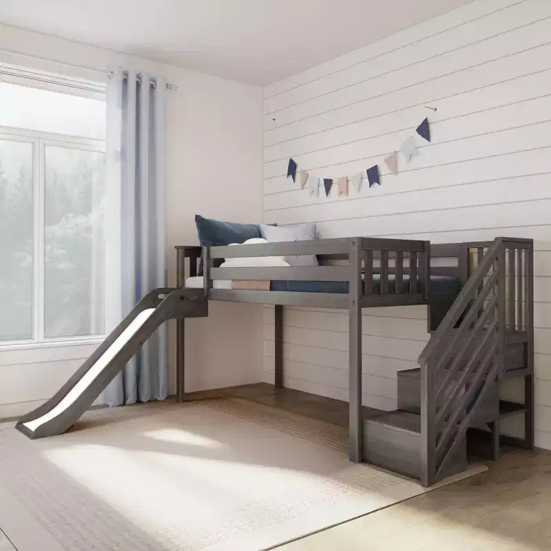 Lit mezzanine jumeau pour enfants avec toboggan et escalier, bois massif, garde-corps de 35,5 cm, capacité de 181 kg