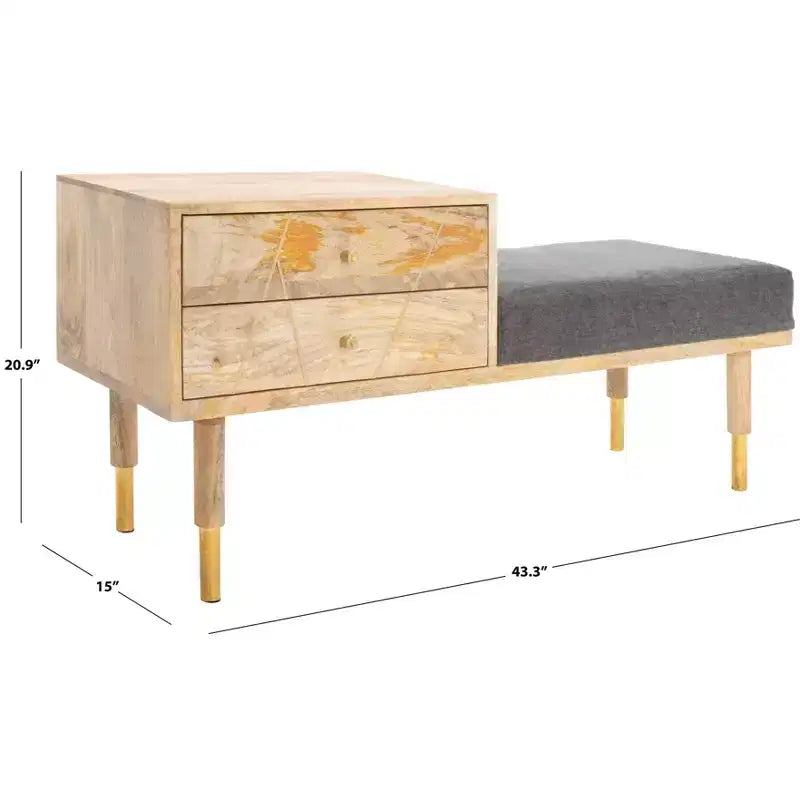 Banc de rangement 2 tiroirs avec coussin, blanc cassé, entrée et chambre à coucher