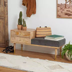Banc de rangement 2 tiroirs avec coussin, blanc cassé, entrée et chambre à coucher