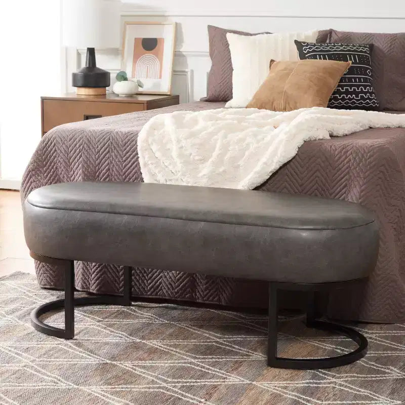 Banc ovale, assise en cuir PU gris, siège d'appoint élégant - BCH6403