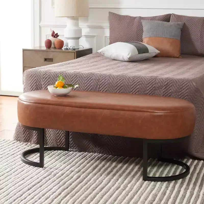 Banc ovale, assise en cuir PU gris, siège d'appoint élégant - BCH6403