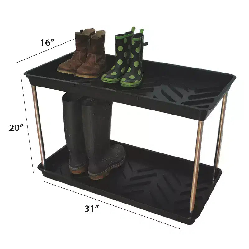 Plateau à bottes noir à deux niveaux pour jardin, rangement à chaussures peu encombrant pour entrée