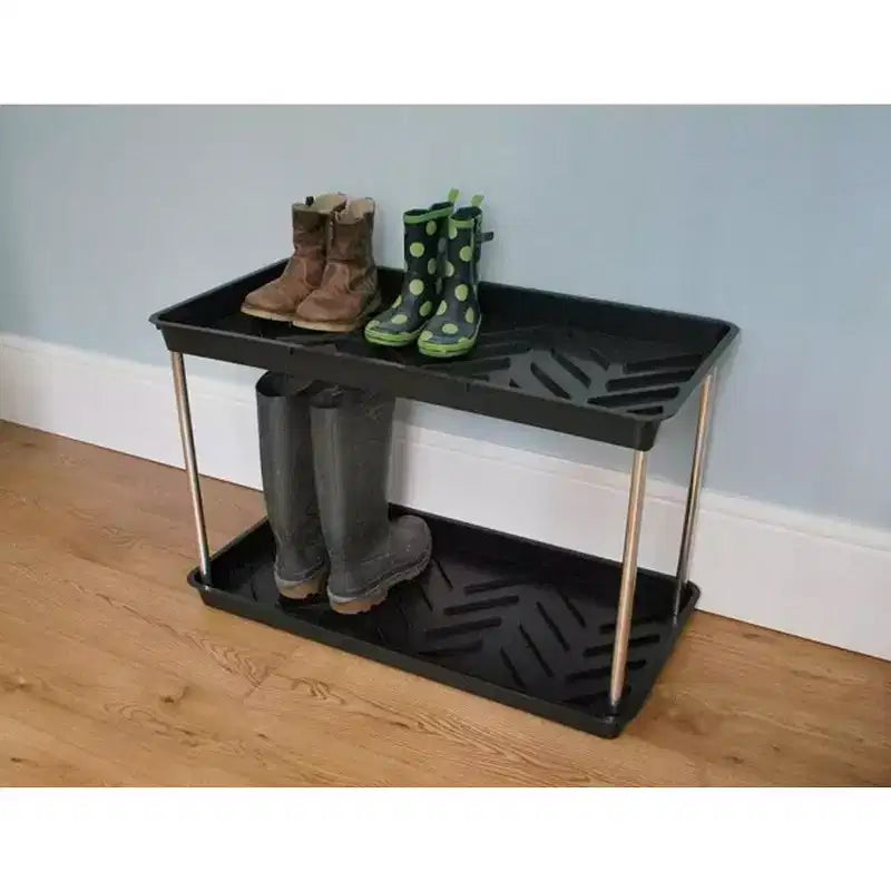 Plateau à bottes noir à deux niveaux pour jardin, rangement à chaussures peu encombrant pour entrée