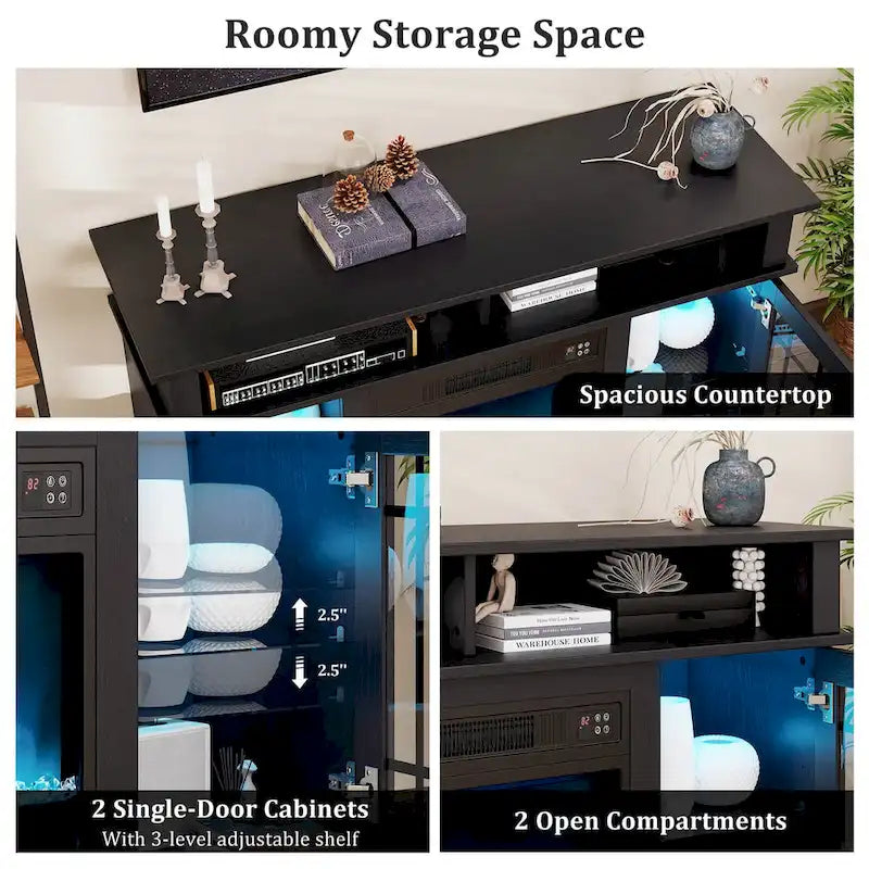 Meuble TV avec cheminée électrique, lumières LED et télécommandes