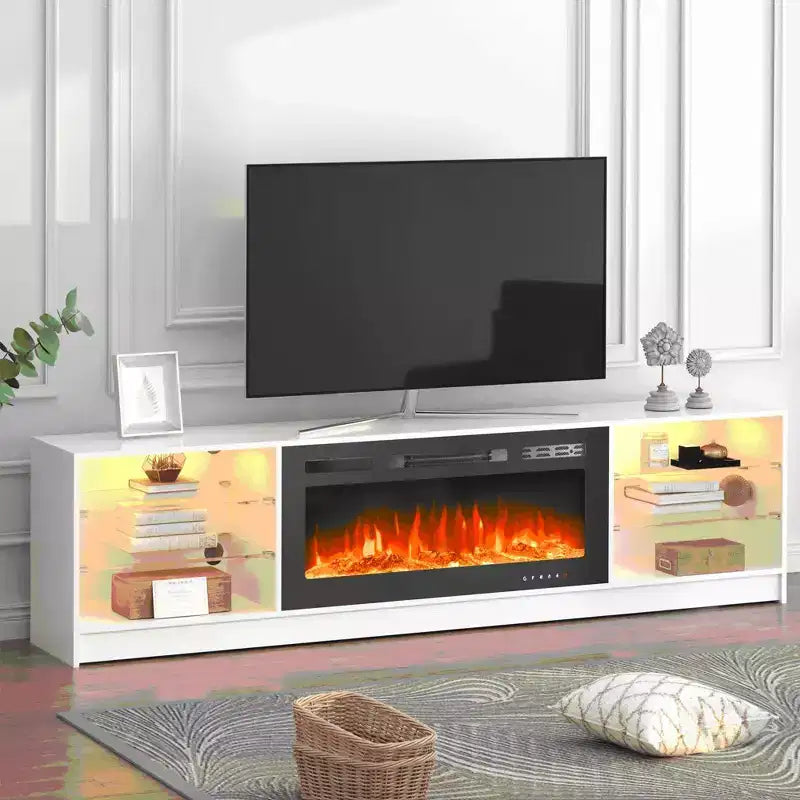 Meuble TV avec cheminée électrique de 40 pouces, étagères en verre réglables, console TV pour téléviseurs jusqu'à 79 pouces