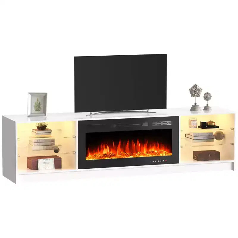 Meuble TV avec cheminée électrique de 40 pouces, étagères en verre réglables, console TV pour téléviseurs jusqu'à 79 pouces