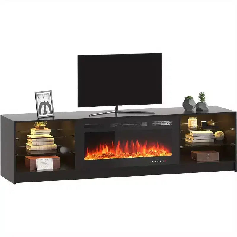 Meuble TV avec cheminée électrique de 40 pouces, étagères en verre réglables, console TV pour téléviseurs jusqu'à 79 pouces