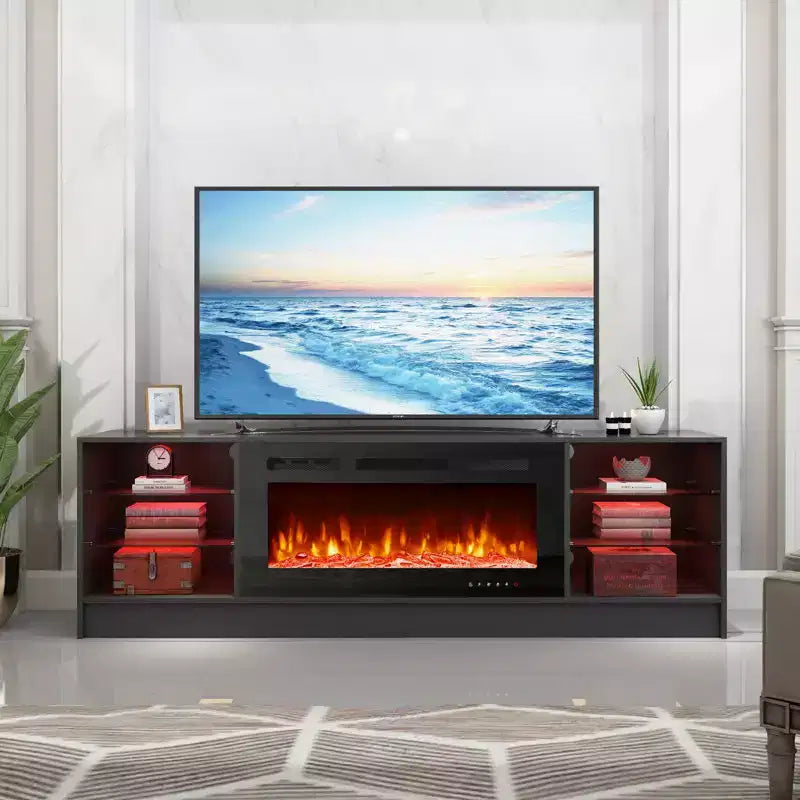 Meuble TV avec cheminée électrique de 40 pouces, étagères en verre réglables, console TV pour téléviseurs jusqu'à 79 pouces