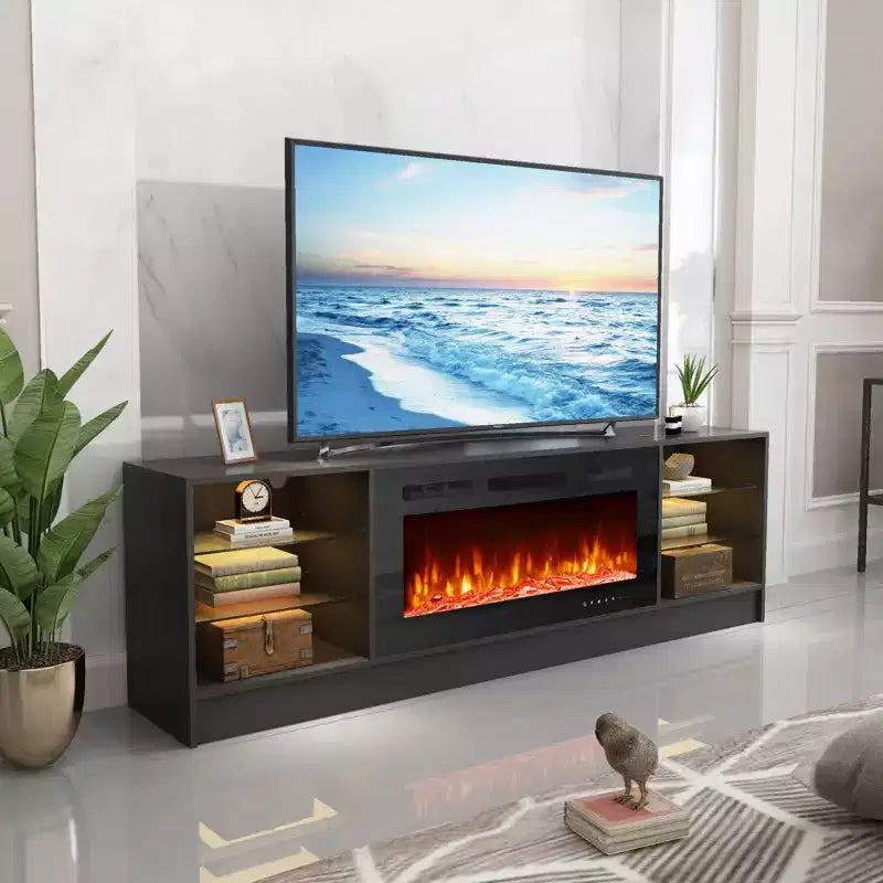 Meuble TV avec cheminée électrique de 40 pouces, étagères en verre réglables, console TV pour téléviseurs jusqu'à 79 pouces