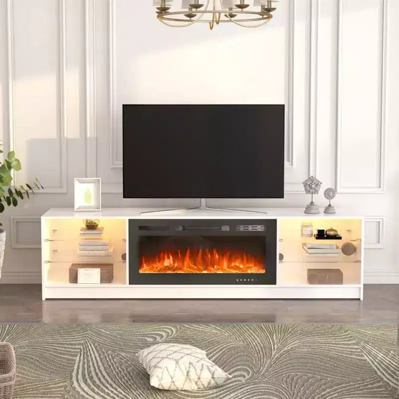 Meuble TV avec cheminée électrique de 40 pouces, étagères en verre réglables, console TV pour téléviseurs jusqu'à 79 pouces