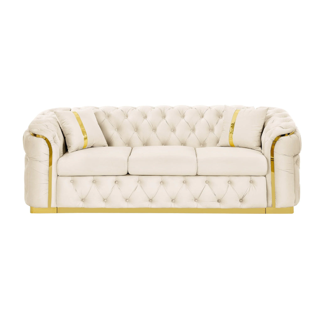 Canapé 3 places Velvet 90,6 po avec 2 oreillers, coussins haute densité, accents dorés et oreillers