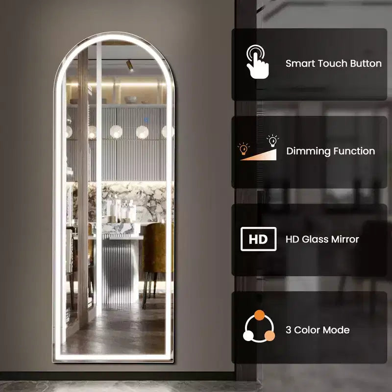 Miroir pleine longueur sans cadre arqué avec lumière LED, 3 modes de couleur, commande tactile