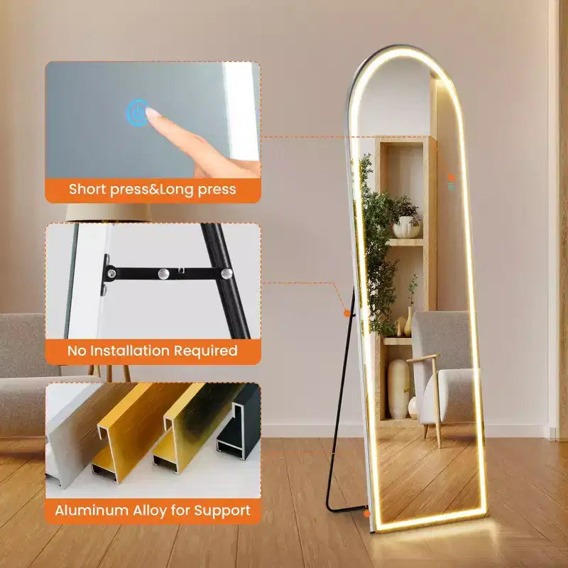 Miroir pleine longueur sans cadre arqué avec lumière LED, 3 modes de couleur, commande tactile