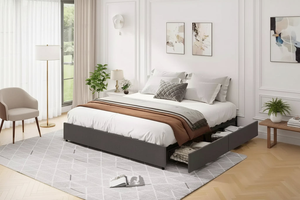Upholstered Platform Bed Frame with 4 Storage Drawers, Platform Bed Frame with Mattress Foundation Strong Wooden,No Box Spring Needed