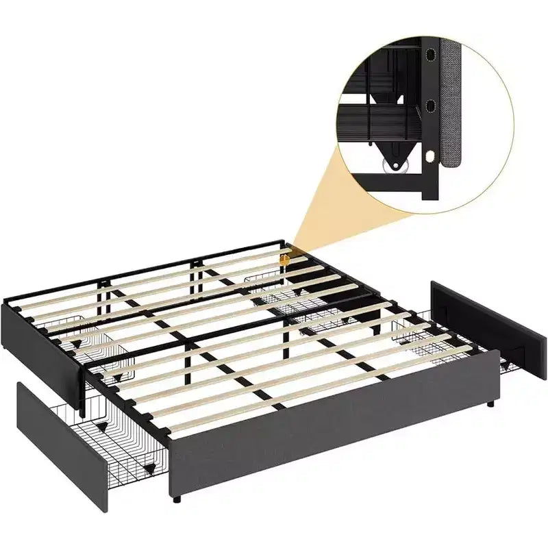 Cadre de lit plateforme rembourré avec 4 tiroirs de rangement, lattes en bois, aucun sommier tapissier requis