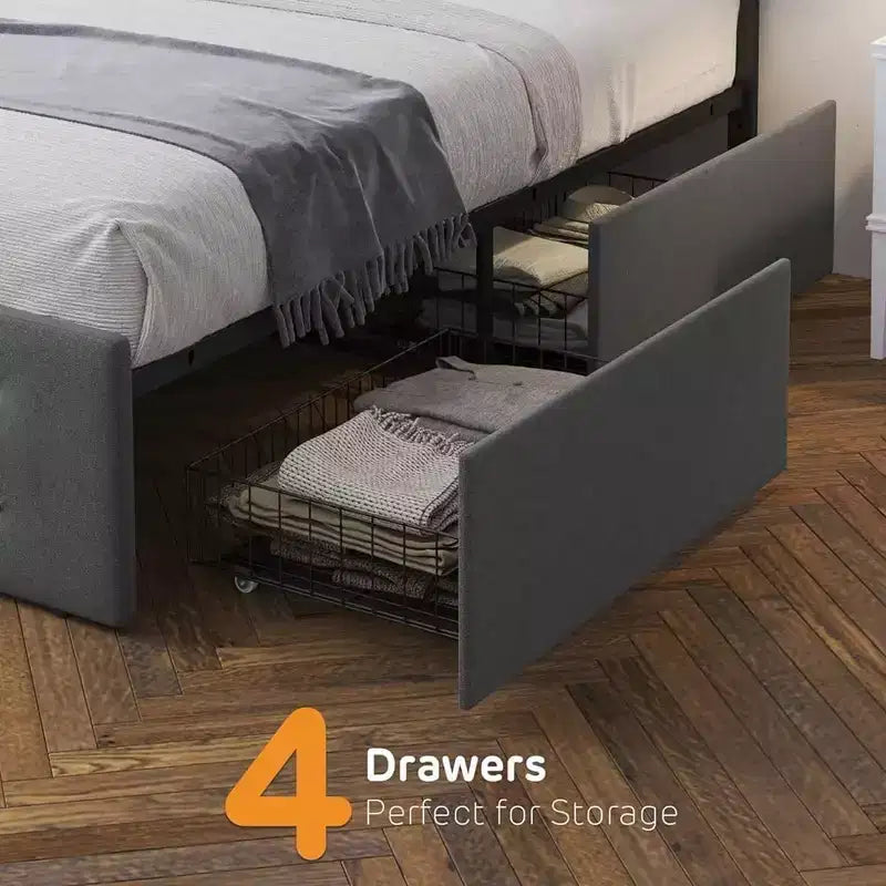 Cadre de lit plateforme rembourré avec 4 tiroirs de rangement, lattes en bois, aucun sommier tapissier requis