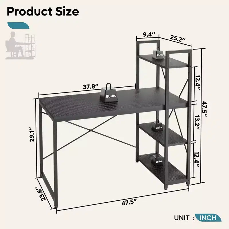 Bureau d'ordinateur de 120 cm avec étagère réversible, bureau debout pour bureau à domicile, études et jeux