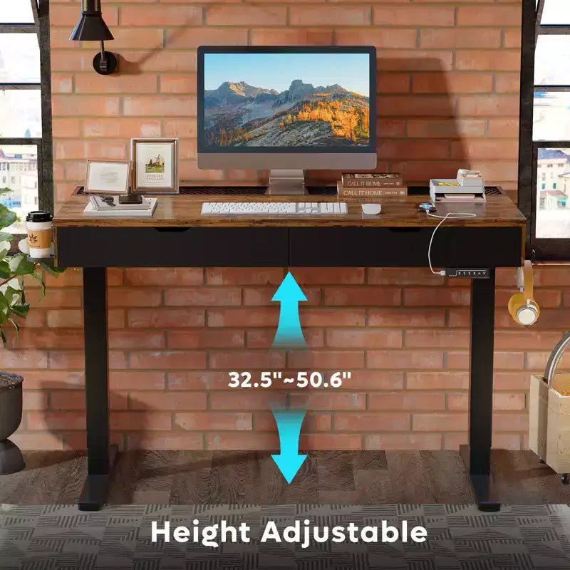 Bureau d'ordinateur de 47" avec hauteur électrique réglable, deux tiroirs et éclairage LED, pour bureau à domicile