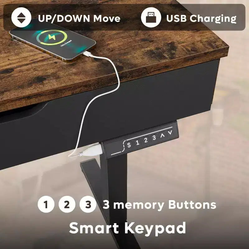 Bureau d'ordinateur de 47" avec hauteur électrique réglable, deux tiroirs et éclairage LED, pour bureau à domicile