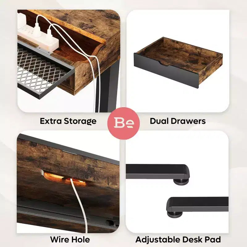 Bureau d'ordinateur de 47" avec hauteur électrique réglable, deux tiroirs et éclairage LED, pour bureau à domicile
