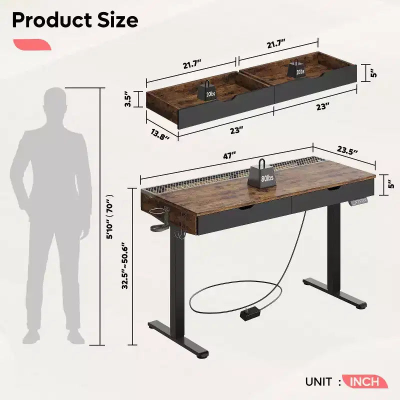 Bureau d'ordinateur de 47" avec hauteur électrique réglable, deux tiroirs et éclairage LED, pour bureau à domicile