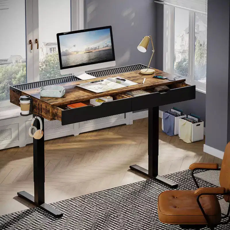 Bureau d'ordinateur de 47" avec hauteur électrique réglable, deux tiroirs et éclairage LED, pour bureau à domicile