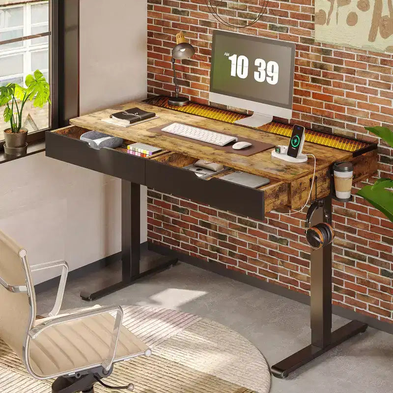 Bureau d'ordinateur de 47" avec hauteur électrique réglable, deux tiroirs et éclairage LED, pour bureau à domicile