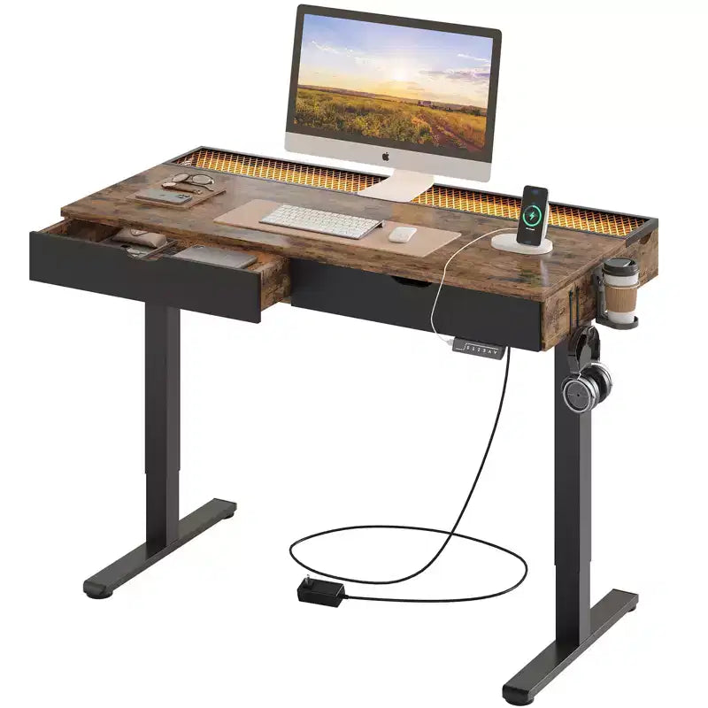 Bureau d'ordinateur de 47" avec hauteur électrique réglable, deux tiroirs et éclairage LED, pour bureau à domicile