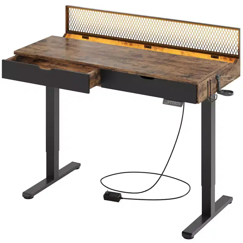 Bureau d'ordinateur de 47" avec hauteur électrique réglable, deux tiroirs et éclairage LED, pour bureau à domicile