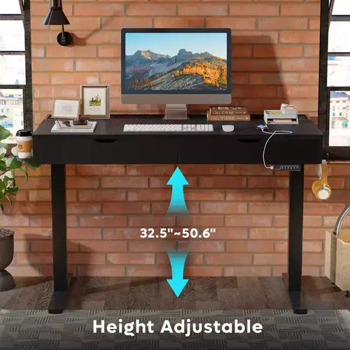Bureau d'ordinateur de 47" avec hauteur électrique réglable, deux tiroirs et éclairage LED, pour bureau à domicile