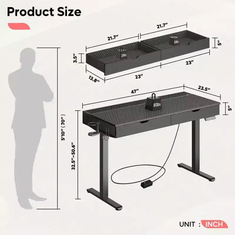 Bureau d'ordinateur de 47" avec hauteur électrique réglable, deux tiroirs et éclairage LED, pour bureau à domicile