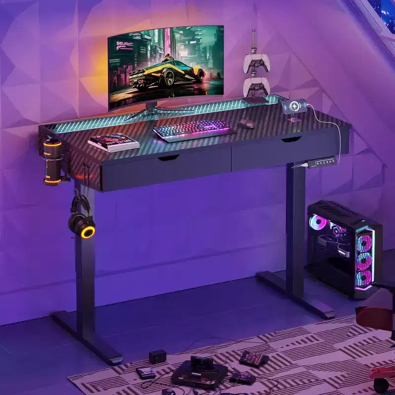 Bureau d'ordinateur de 47" avec hauteur électrique réglable, deux tiroirs et éclairage LED, pour bureau à domicile