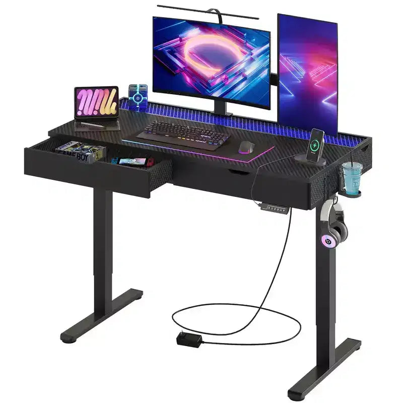 Bureau d'ordinateur de 47" avec hauteur électrique réglable, deux tiroirs et éclairage LED, pour bureau à domicile