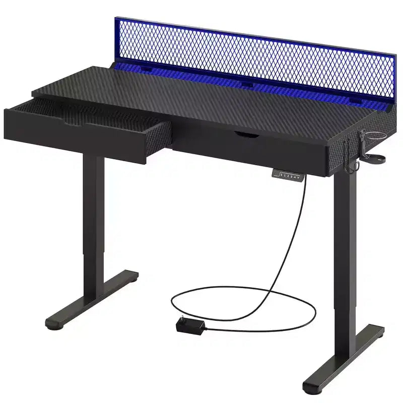 Bureau d'ordinateur de 47" avec hauteur électrique réglable, deux tiroirs et éclairage LED, pour bureau à domicile