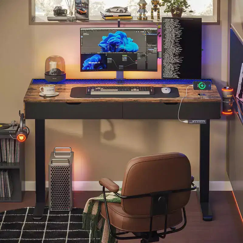 Bureau d'ordinateur de 47" avec hauteur électrique réglable, deux tiroirs et éclairage LED, pour bureau à domicile