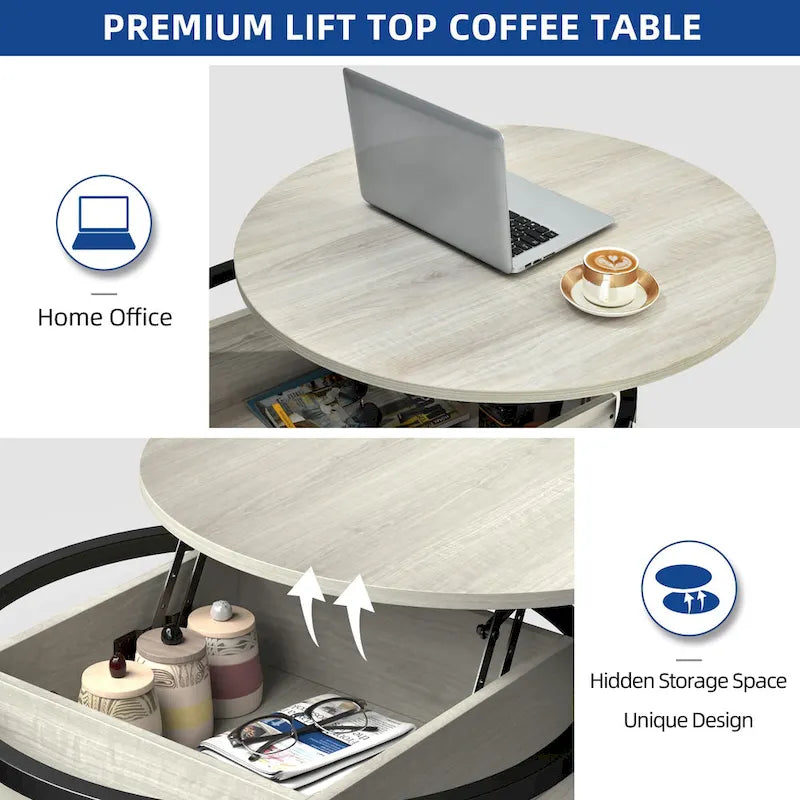 Table basse ronde relevable Moasis Farmhouse avec rangement dissimulé et étagère