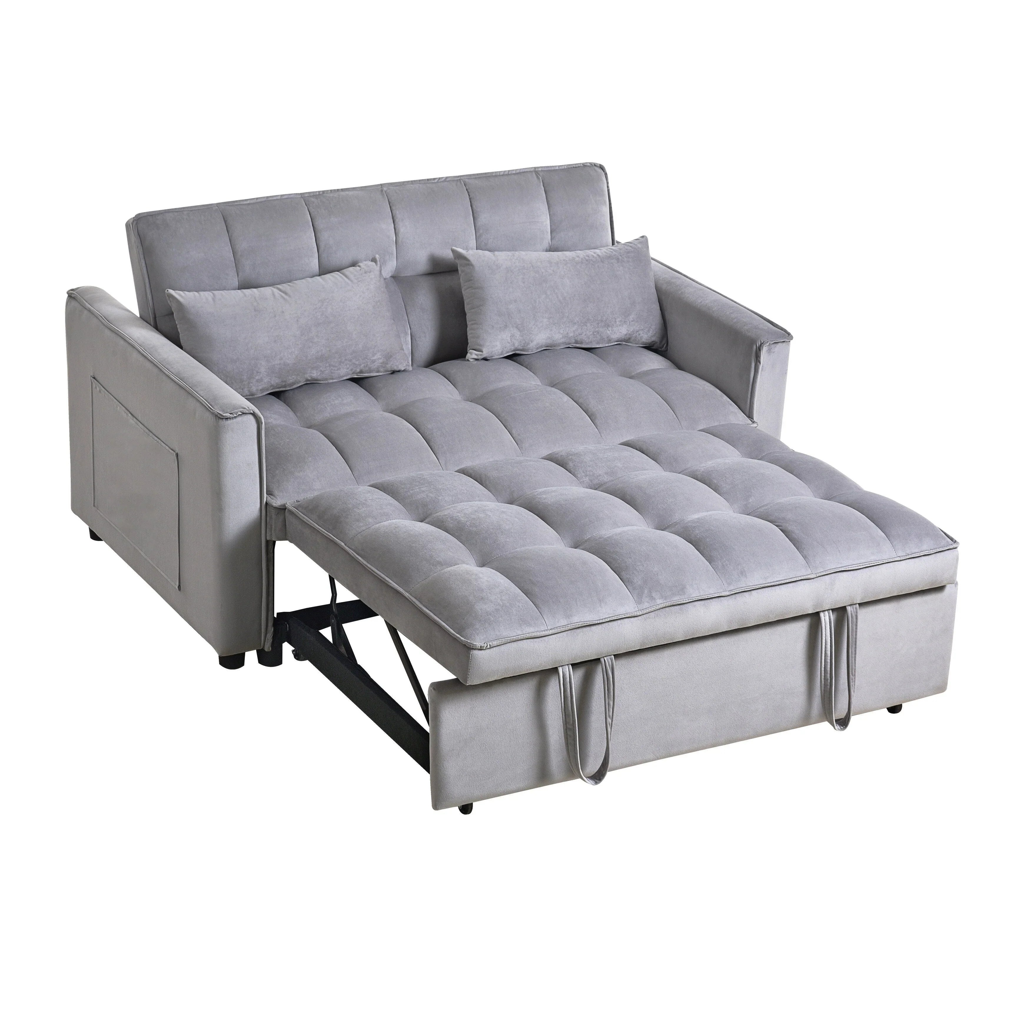 Canapé-lit moderne convertible, canapé-lit 3-en-1 avec dossier réglable, causeuse en velours, oreillers et poches latérales