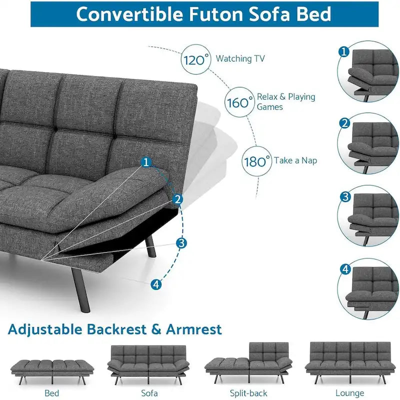 Canapé-lit futon en mousse à mémoire de forme convertible avec dossier inclinable réglable pour petits espaces