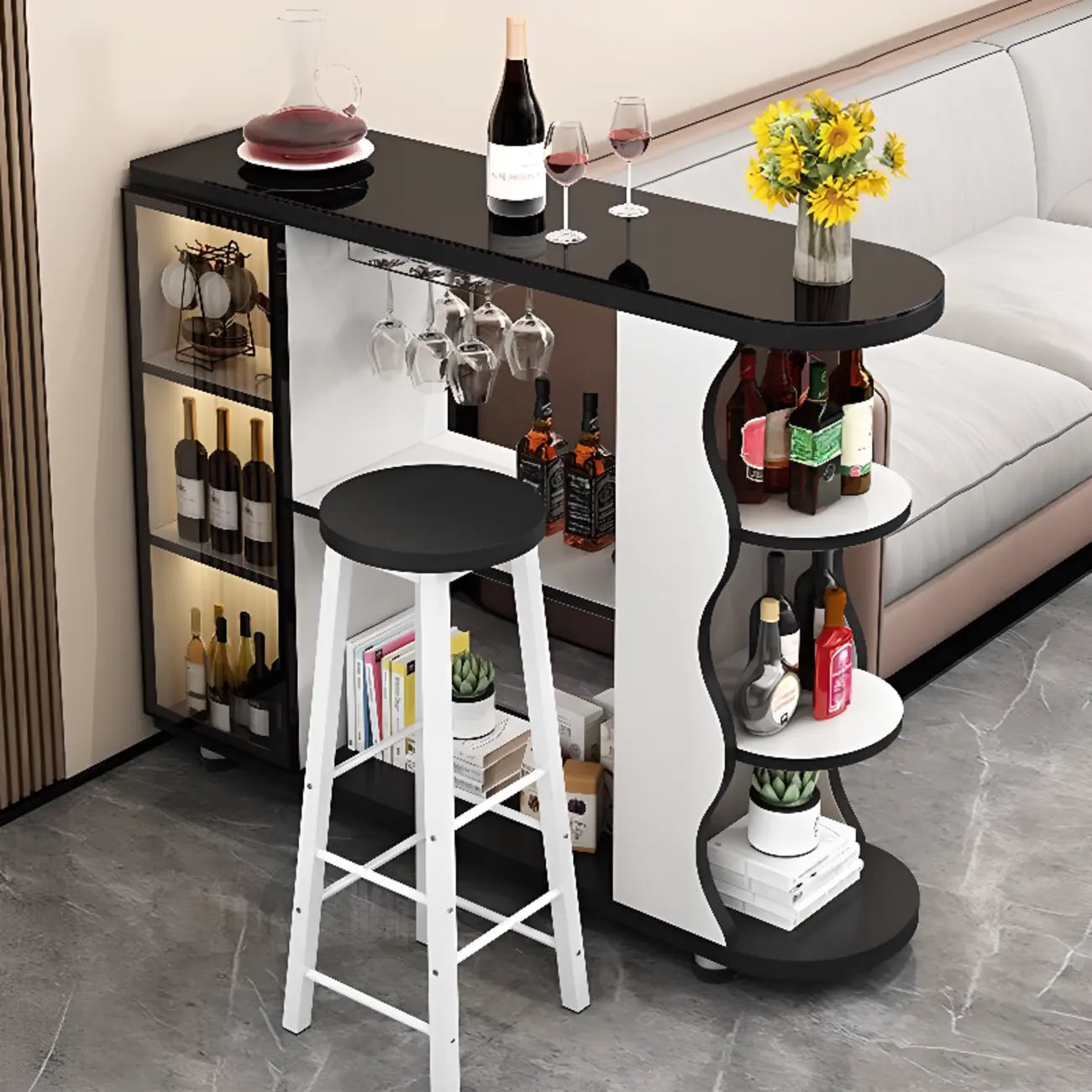 Table de bar contemporaine en pierre à plateau libre avec rangement pour bars à domicile