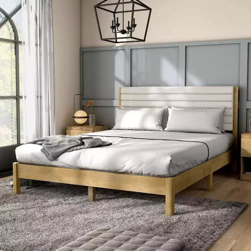 Lit plateforme Queen Belna avec revêtement en tissu bouclette, sommier tapissier non requis