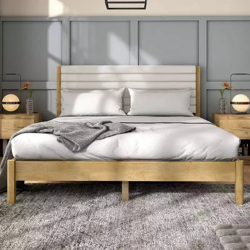 Lit plateforme Queen Belna avec revêtement en tissu bouclette, sommier tapissier non requis
