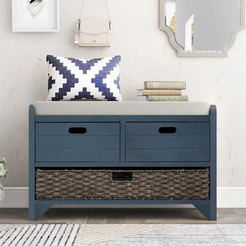 Banc de rangement en bois avec 2 paniers tressés