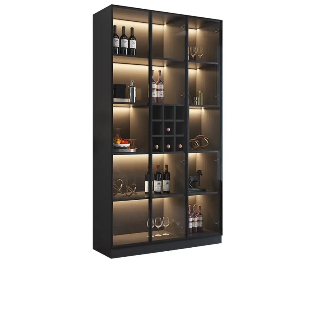 Meuble de rangement à vin minimaliste en bois noir avec porte vitrée
