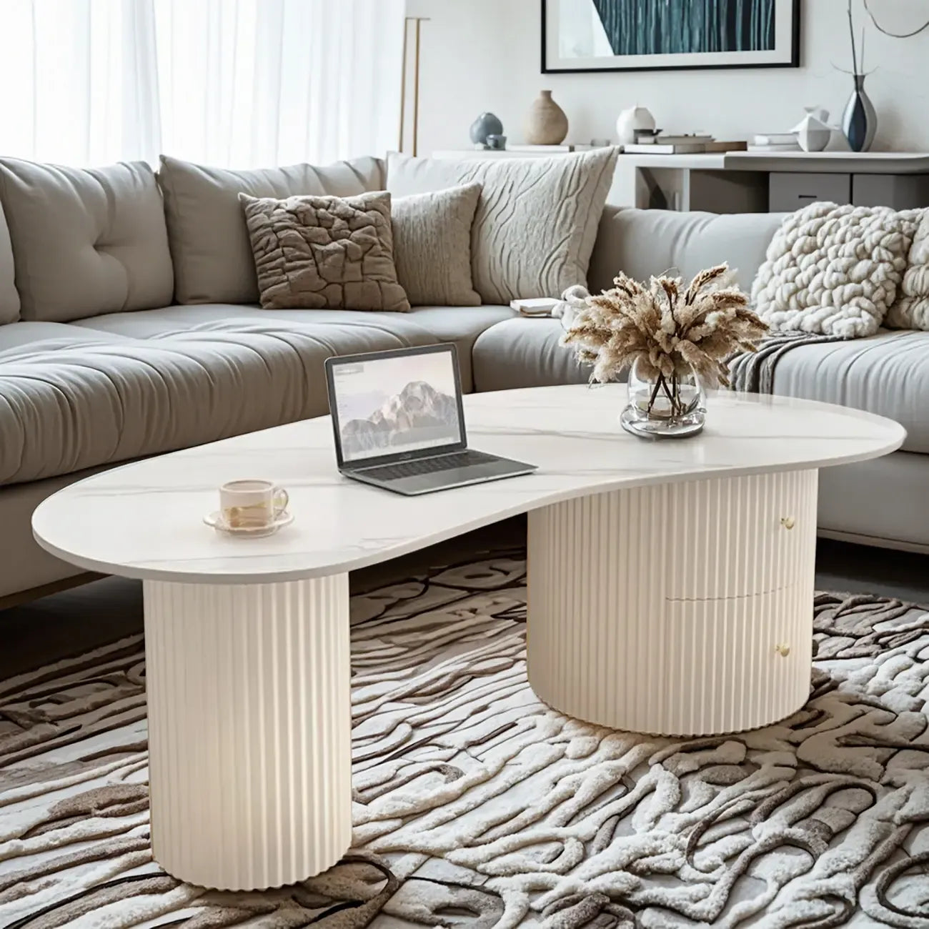 Table basse ovale standard blanche minimaliste avec 2 tiroirs
