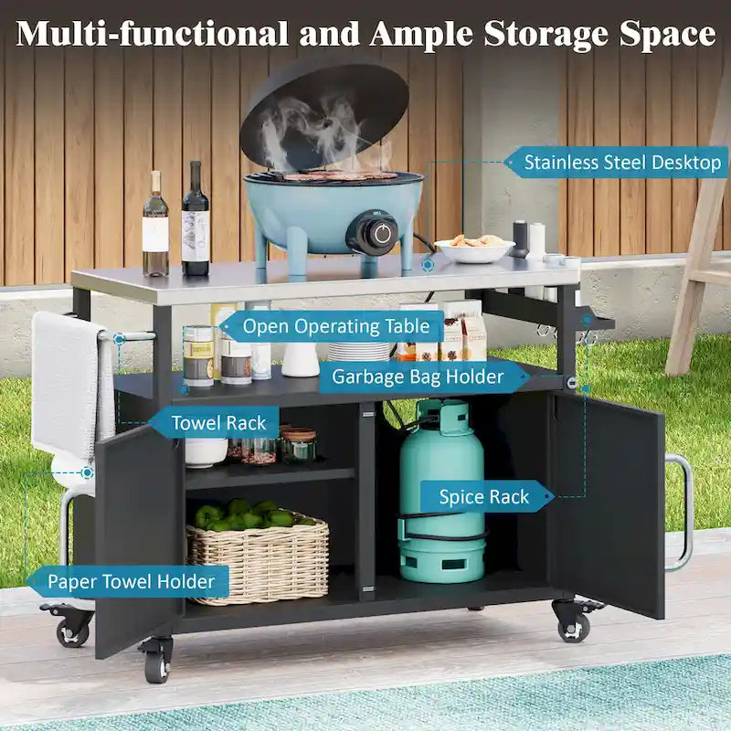 Ilot de cuisine extérieur avec plateau en acier inoxydable, table de chariot de barbecue en métal avec armoire de rangement - S.O.