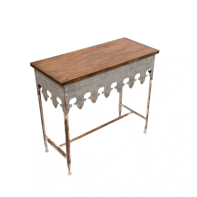 Console en métal finition zinc et bois à bord festonné