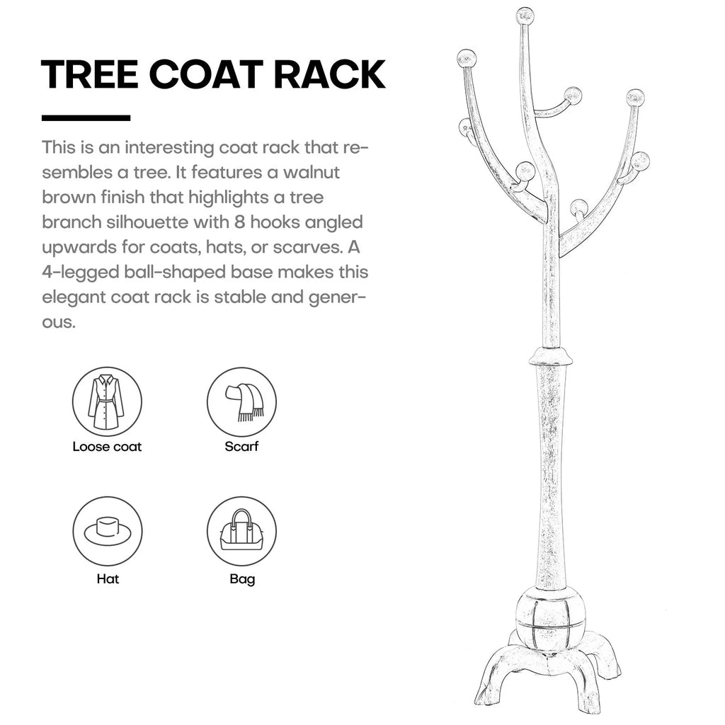 Porte-manteau sur pied en bois d'hévéa à motif de branches d'arbre avec 8 crochets - 24,5 l x 70,87 h