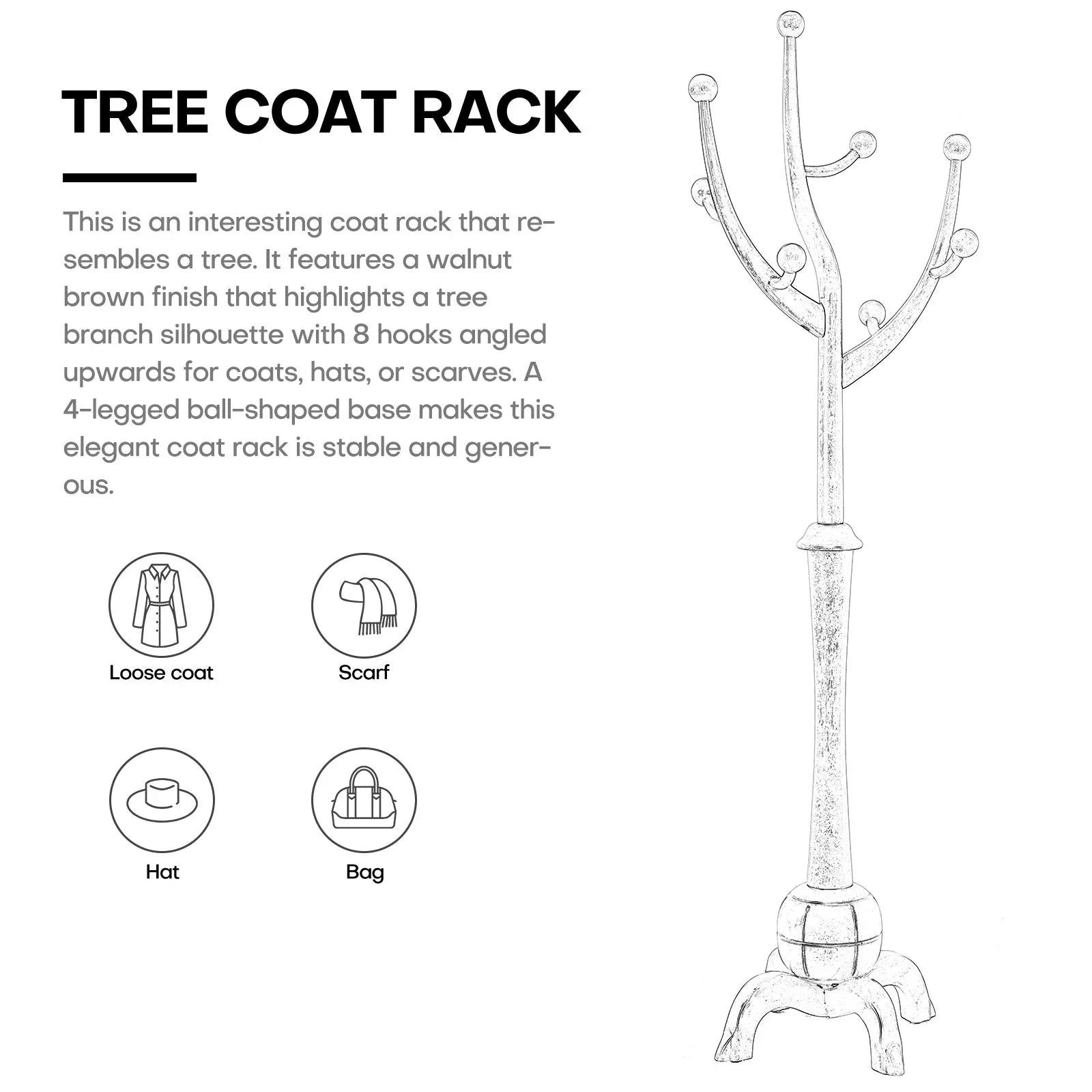 Porte-manteau sur pied en bois d'hévéa à motif de branches d'arbre avec 8 crochets - 24,5 l x 70,87 h