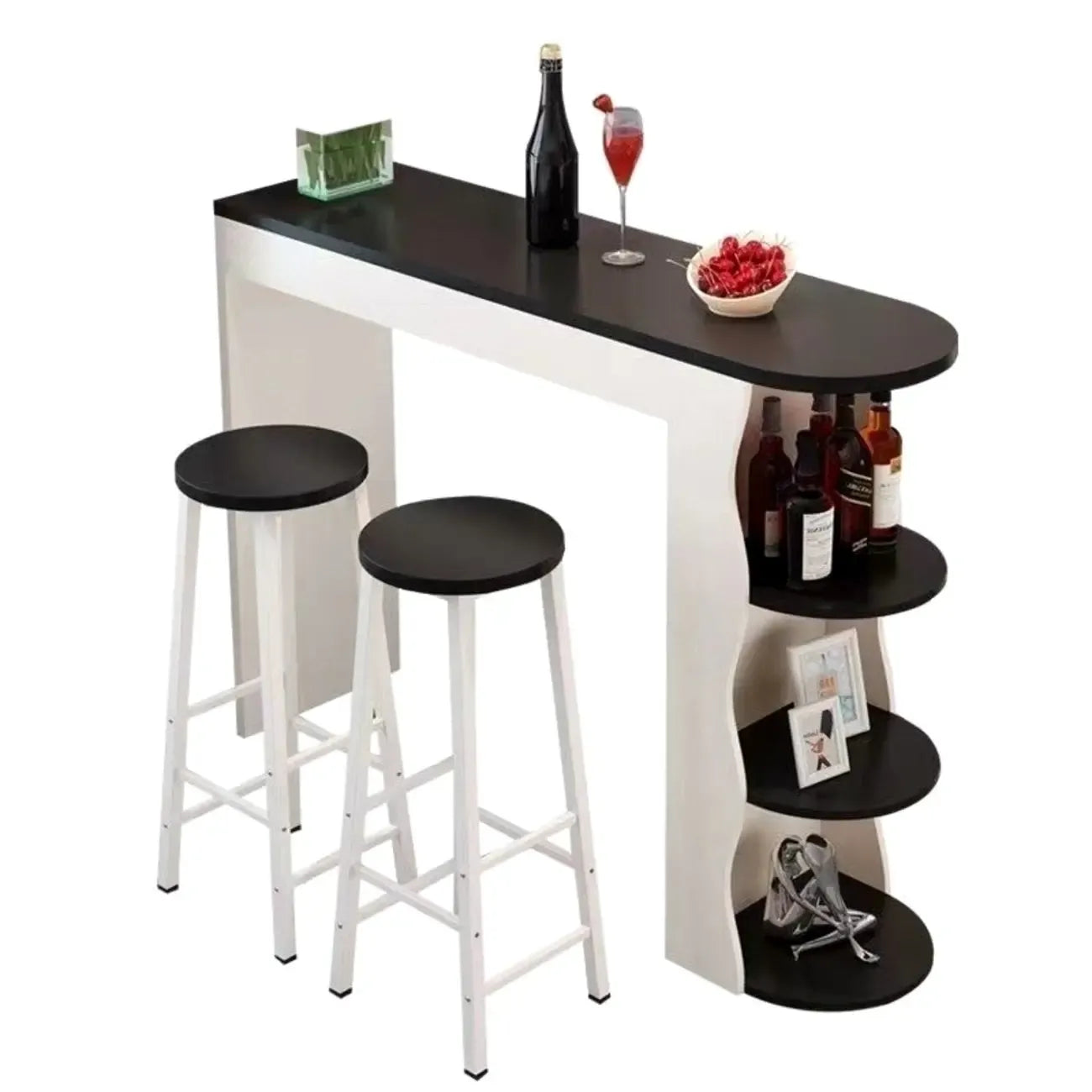 Tables de bar étagères asymétriques modernes en bois noir et blanc